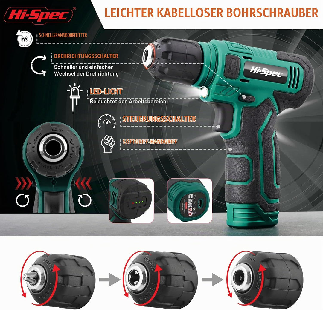Hi-Spec Akuschrauber Set in Grün. Akkubohrer, Stecknüsse und Schrauberbits alles in einem tragbarem