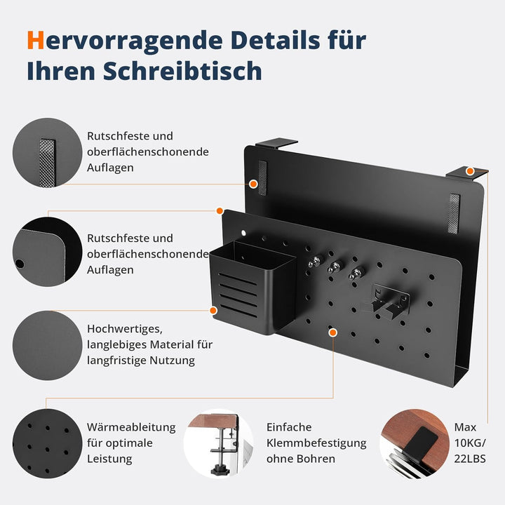 Schreibtisch Organizer Clip-On – Bohrfreie Laptop Halterung für Tischkanten 1–5,6 cm, mit Stifthalte