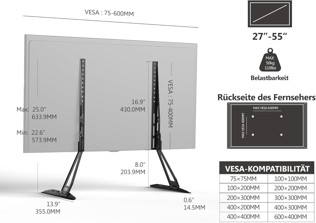 FITUEYES Universal TV Standfüsse Fernseher TV Beine für 32 bis 55 Zoll LCD LED Flach&Curved TV Füsse