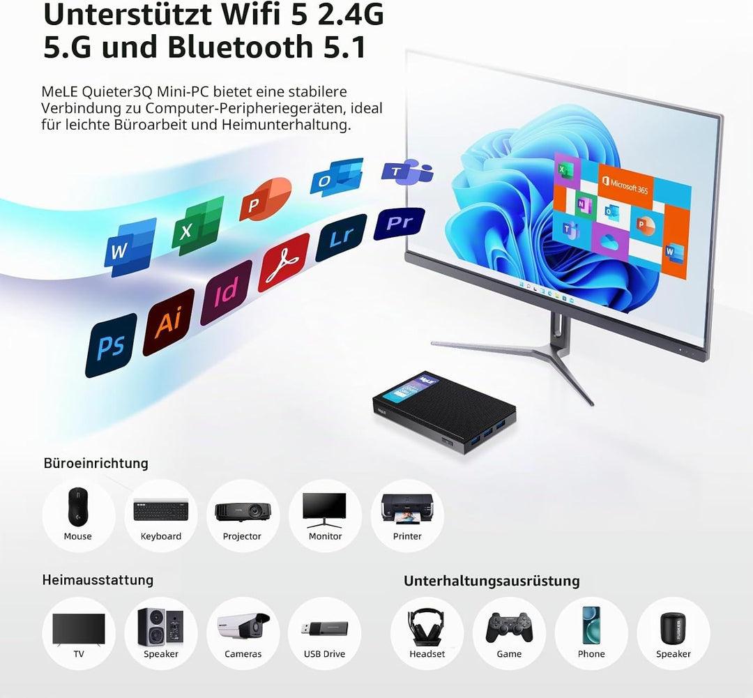 MeLE Quieter3Q Lüfterloser Mini PC Windows 11 Pro Celeron N5105 8GB 256GB, Portable Desktop HDMI Wif