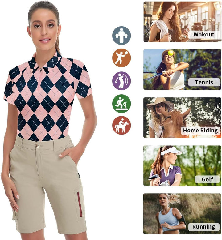 Soneven Atmungsaktiv Poloshirt Damen Leichtes Sportshirt Tailliert Karierte Bluse UPF 50+ Kurzarm 1/