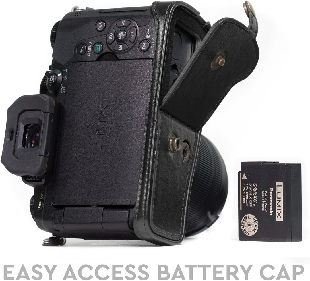 MegaGear MG892 Ever Ready Leder Kameratasche mit Trageriemen kompatibel mit Panasonic Lumix G80, G81