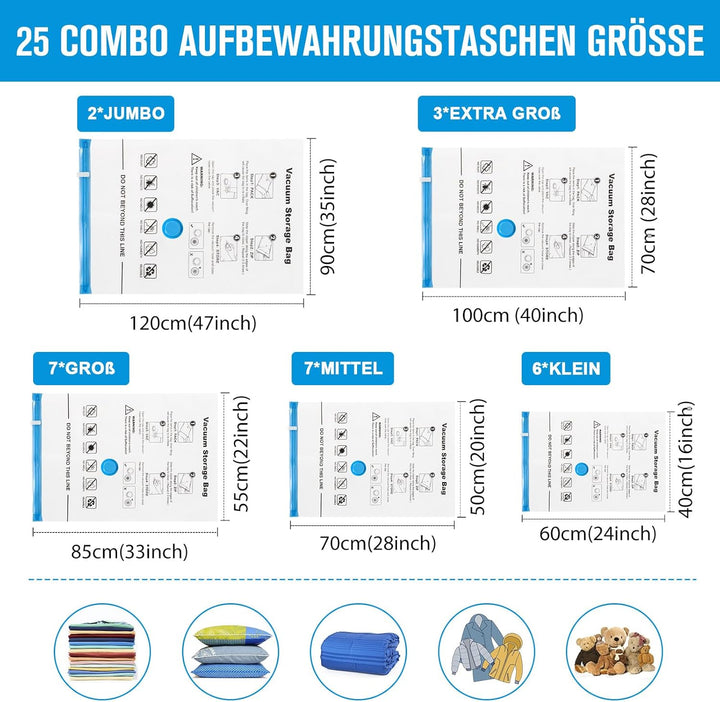 25 Stück Vakuumbeutel für Kleidung & Bettdecken, Vakuumierbeutel 2 Jumbo + 3 Extra Gross + 7 Gross +