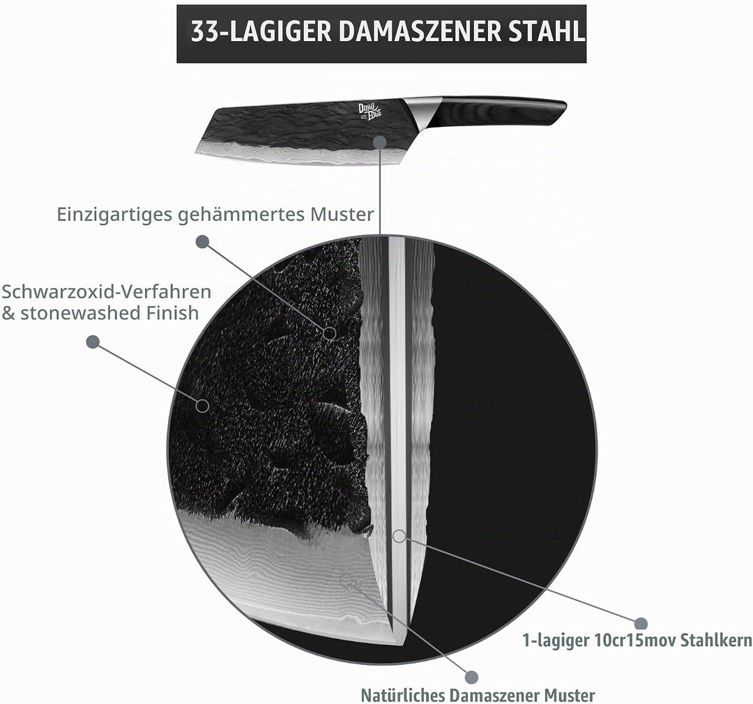 Bunka Messer, Damaszener Kochmesser mit Premium Pakkawood Griff, Full Tang Konstruktion, schwarz oxi