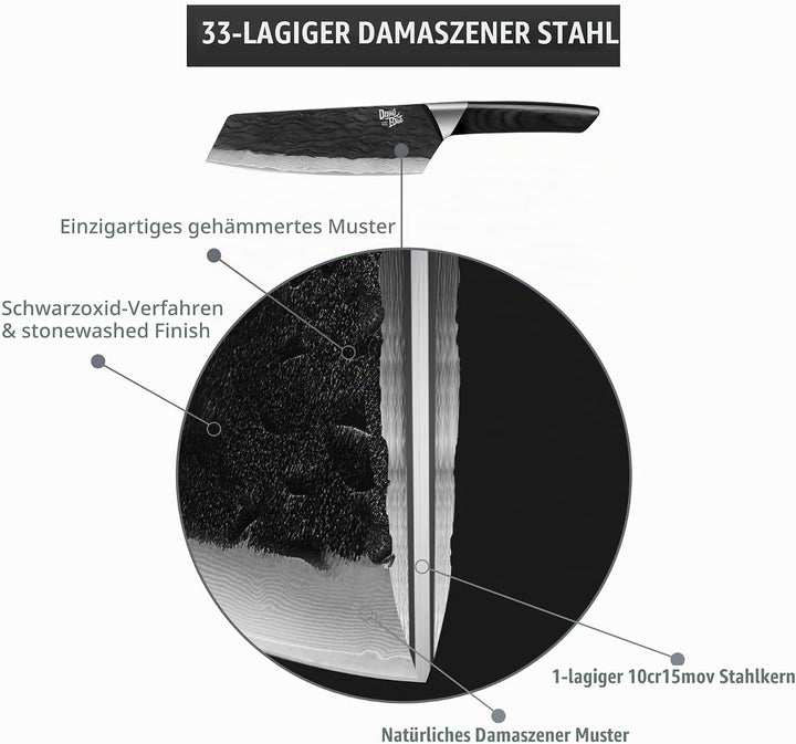 Bunka Messer, Damaszener Kochmesser mit Premium Pakkawood Griff, Full Tang Konstruktion, schwarz oxi