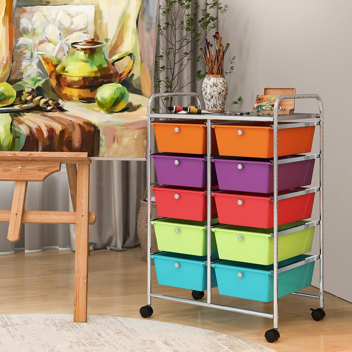 GOPLUS Rollwagen mit 10 Schubladen stapelbar, Rollcontainer mit Ablage & Metallgestell, Badregal, Au