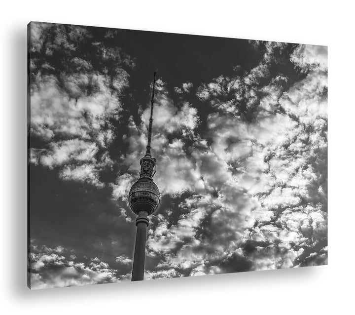 Spitze des Berliner Fernsehturms Format: 80x60 cm Effekt: Schwarz&amp;Weiss als Leinwandbild, Motiv fert