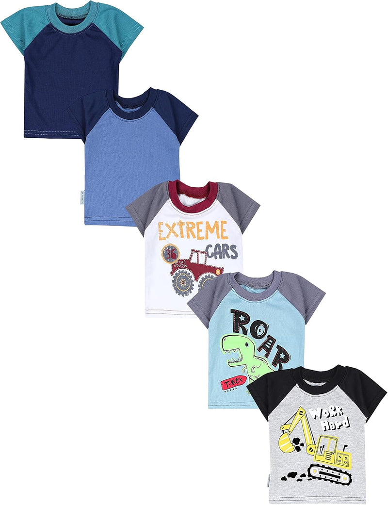 TupTam Baby Jungen Kurzarm T-Shirt mit Aufdruck Unifarben Sterne Streifen 5er Set 80 Bagger Monster