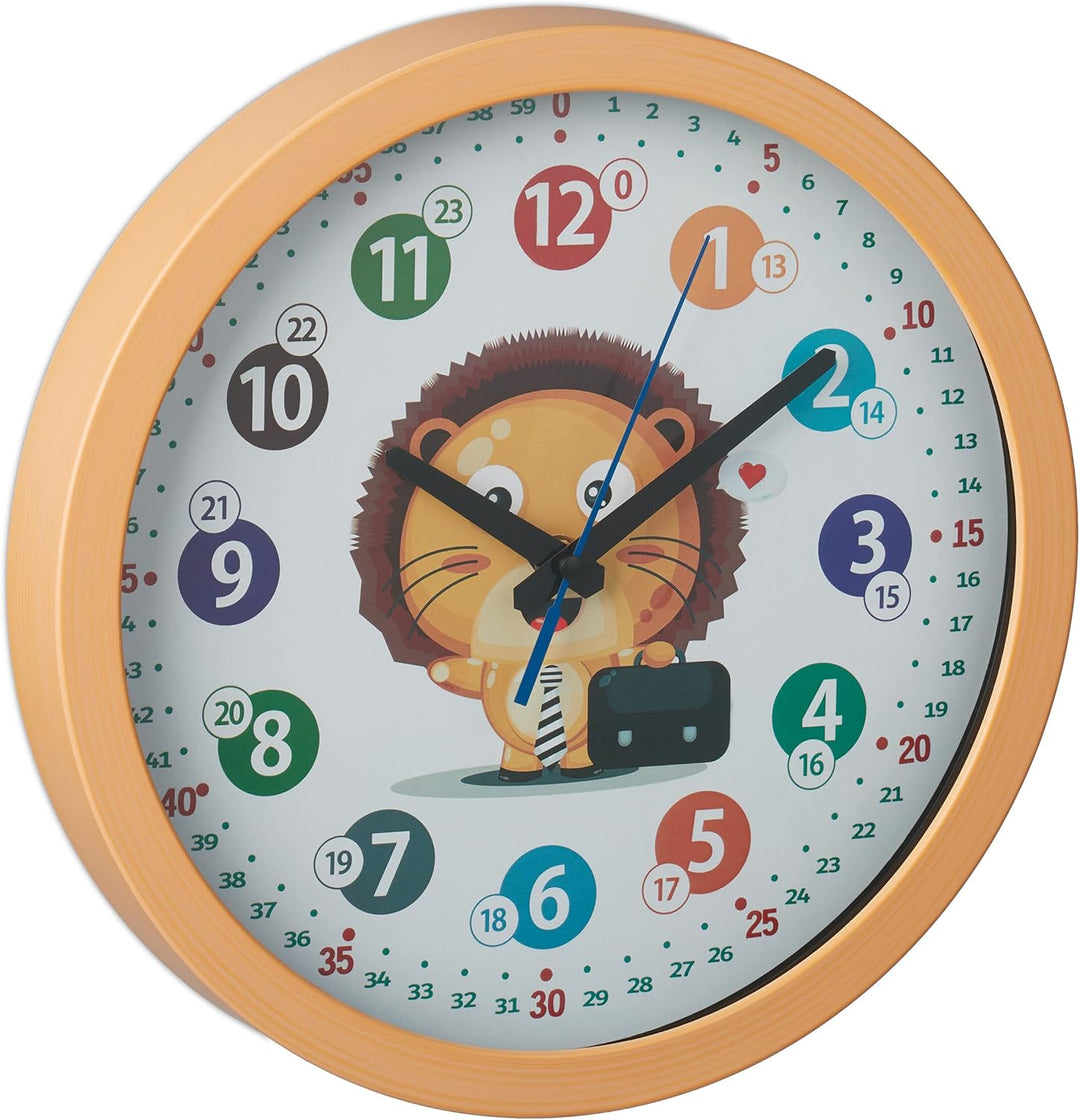 Relaxdays Wanduhr Kinder, Ø 30 cm, Kinderzimmeruhr Löwe, Bunte Zahlen, Uhrzeit Lernen, Lernuhr Junge