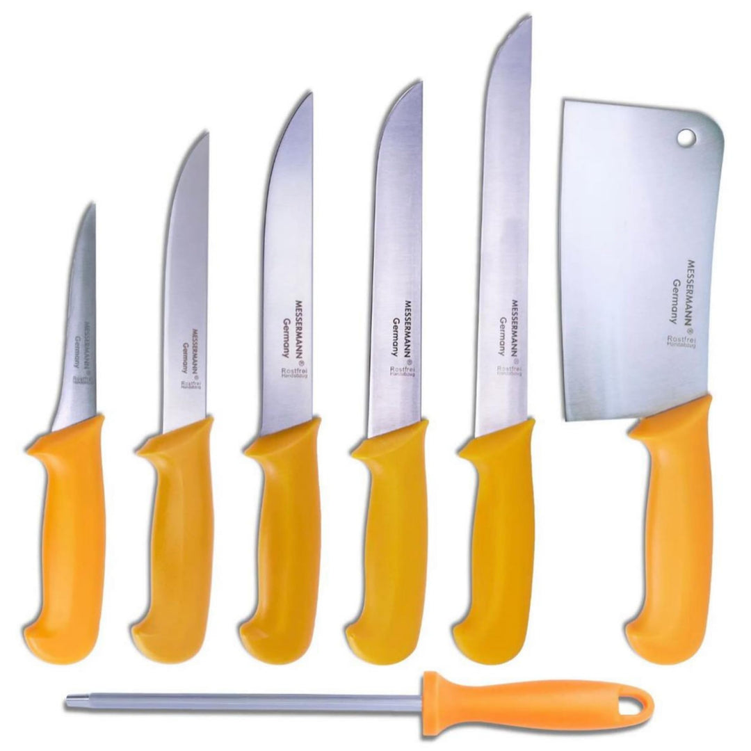 Messermann Germany Fleischmesser Set 7er Box Fleischermesser, Stechmesser, Ausbeinmesser Beil,