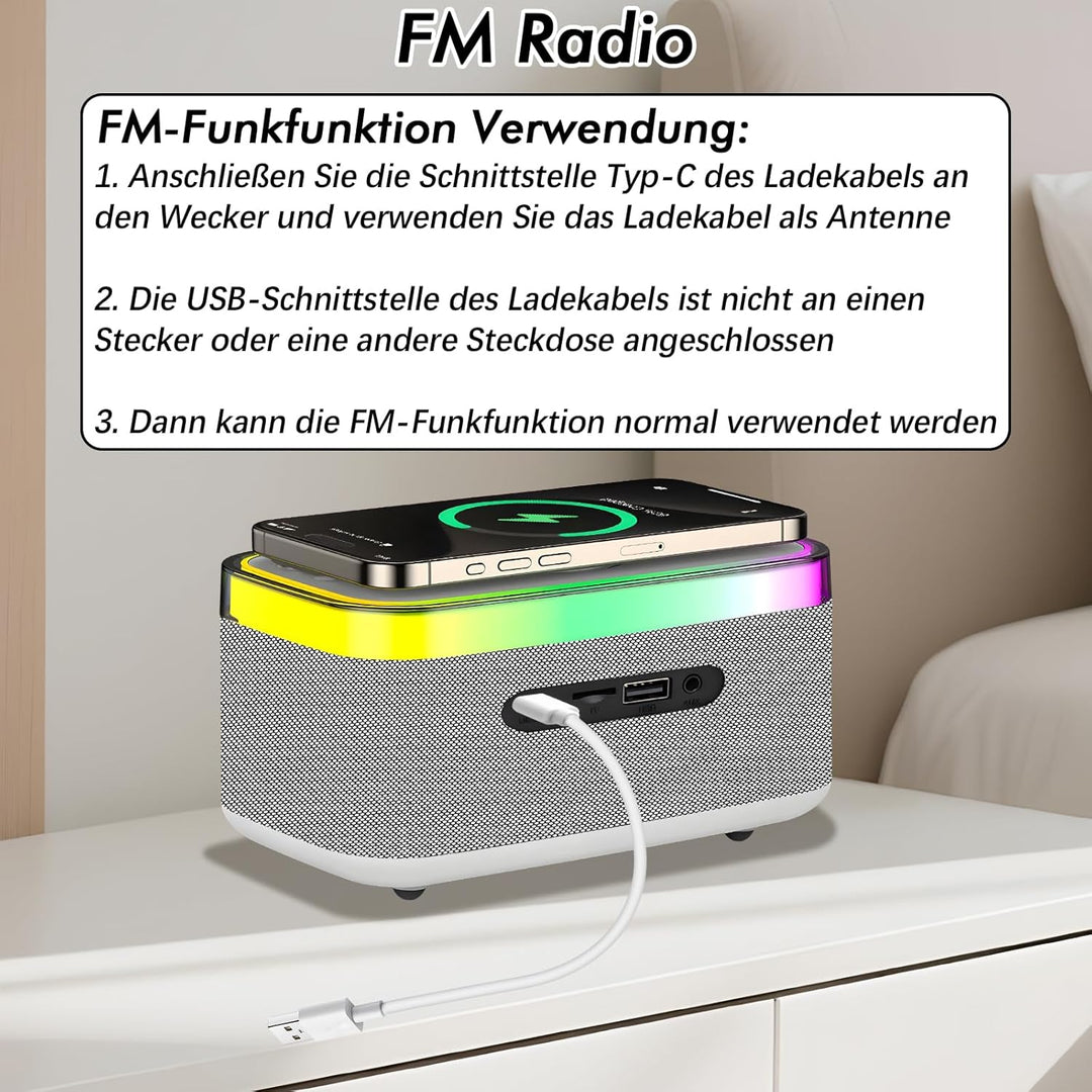 Radio wecker Digital mit Ladestation, 15W Fast Wireless Charger, Digitaler Radiowecker mit Bluetooth