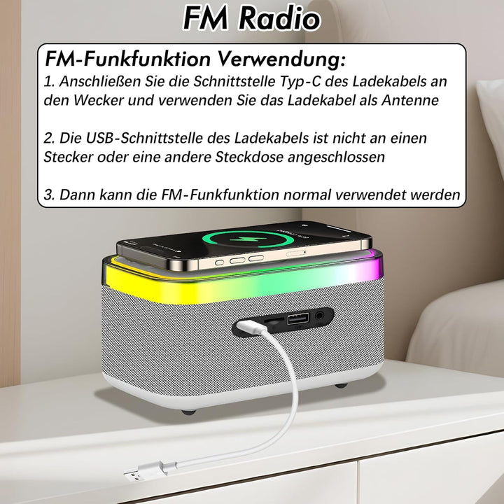 Radio wecker Digital mit Ladestation, 15W Fast Wireless Charger, Digitaler Radiowecker mit Bluetooth