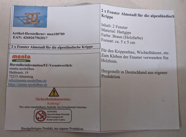 menta-modellbau 2 x Fenster Almstadl für die alpenländische Krippe, Krippenbau, Braun, Holz, Natur,