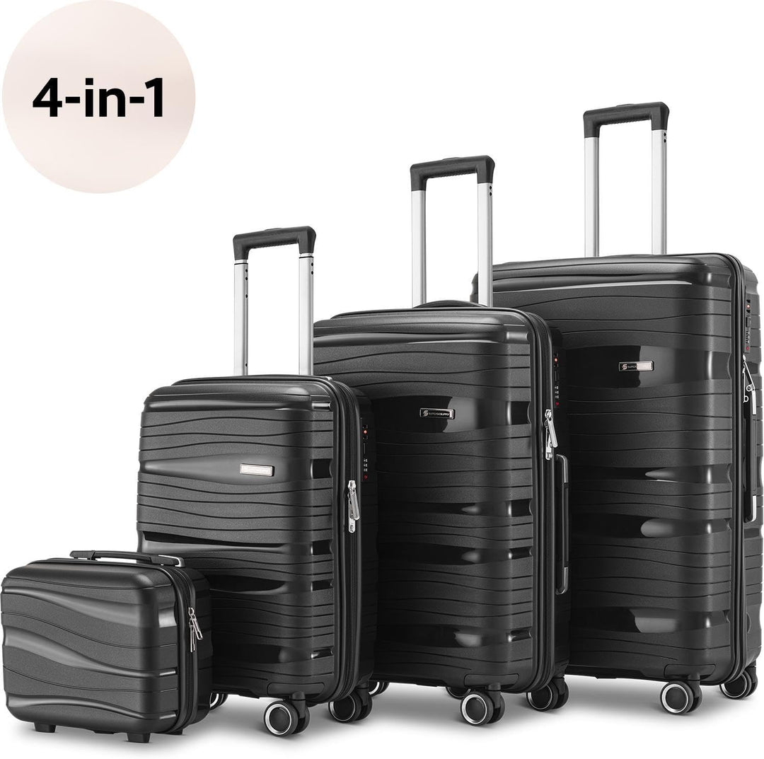 Travel One Kofferset 4-teilig – Schwarz – Hartschalen Trolley-Set 32/60/98L, Zahlenschloss &amp; 360° Ro