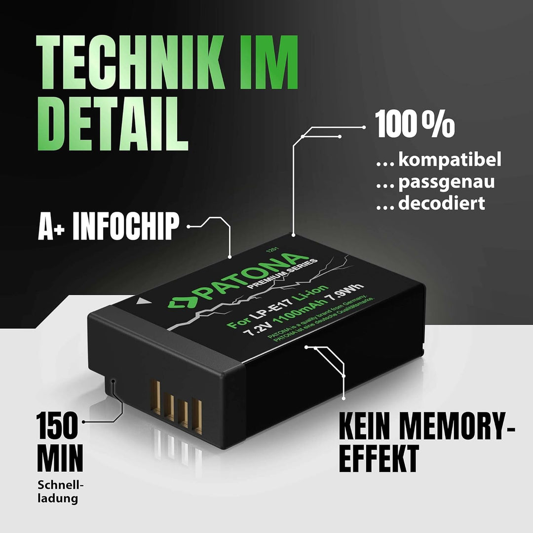 PATONA Premium LP-E17 Akku 1100mAh Kompatibel mit Canon EOS R10 77D 200D 750D 760D 8000D Rebel T6i T