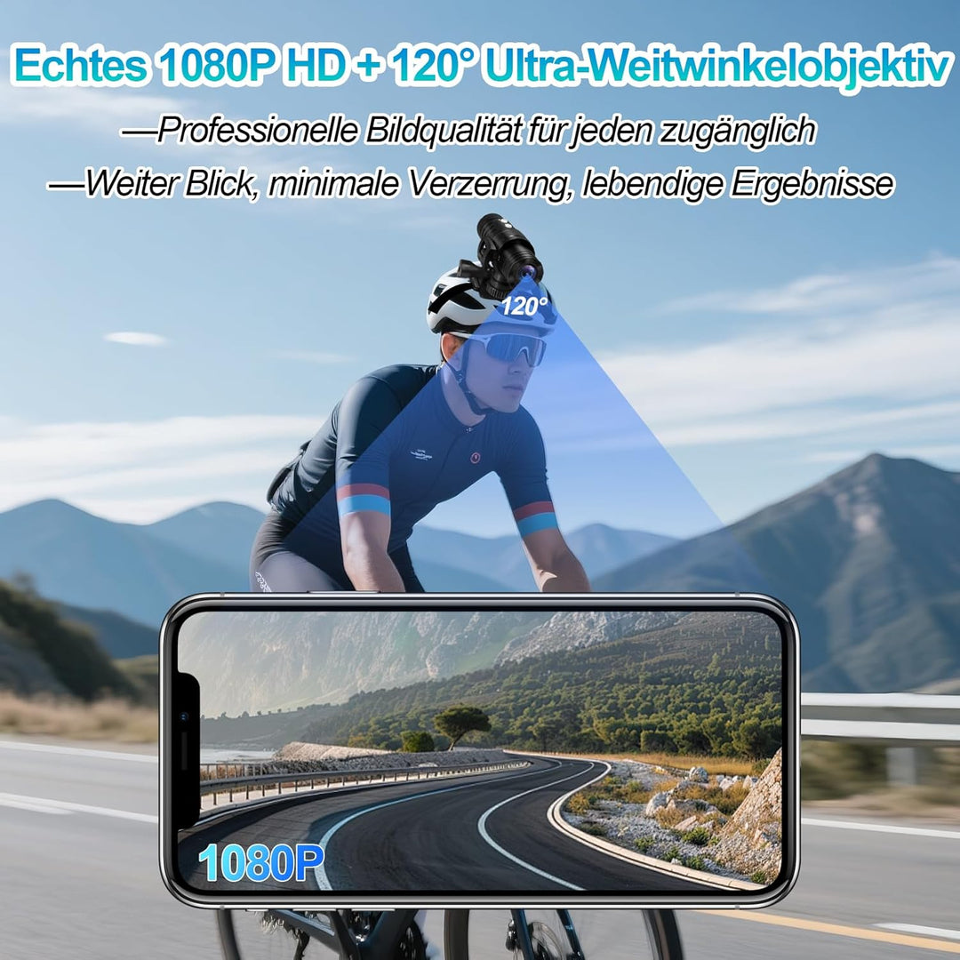 Helmkamera, WiFi-gyrostabilisiert Action Cam Motorrad, 7-Stunden-Aufnahmezeit 1080P HD &amp; 120° Ultra-