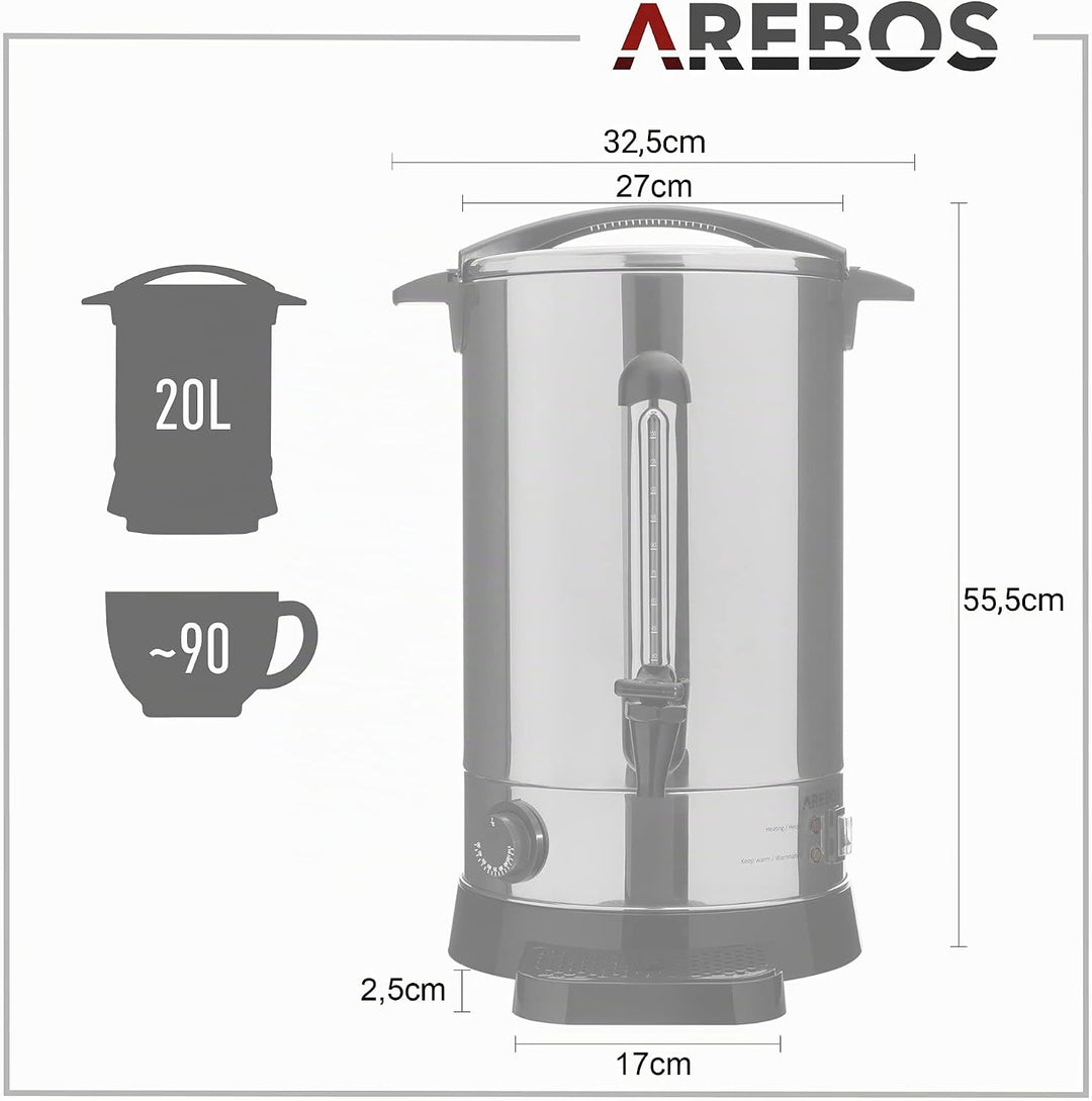 Arebos Glühweinkocher 1650 W | Heissgetränkespender | 20 L | mit Auffangschale, Auslasshahn, Thermos