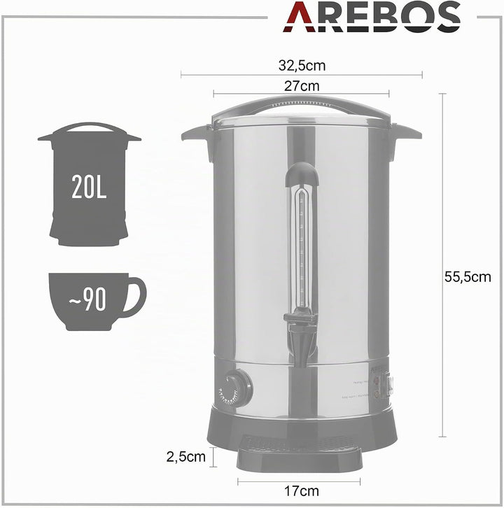 Arebos Glühweinkocher 1650 W | Heissgetränkespender | 20 L | mit Auffangschale, Auslasshahn, Thermos