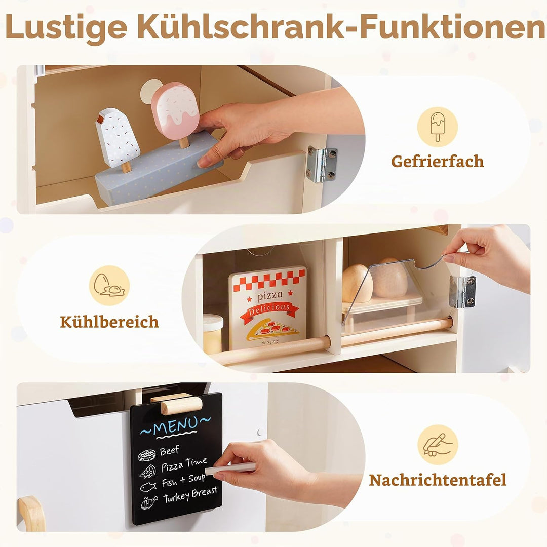 ROBUD Holzspielzeug-Kühlschrank-Set, Rollenspiel-Kühlschrank für Kinder mit Tafel, Gefrierfach, Kühl