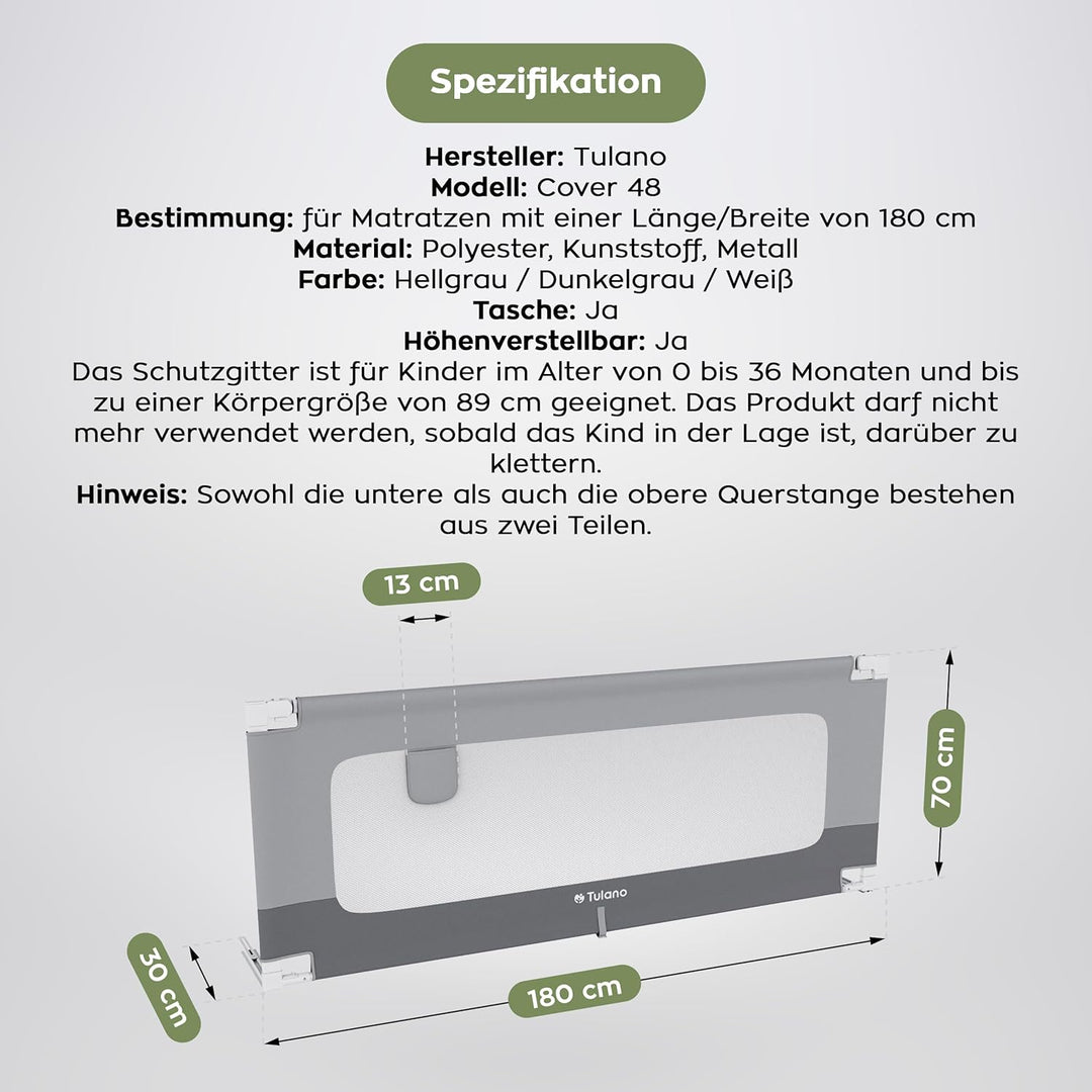 TULANO Cover 48 | Bettgitter 180 cm Bettschutzgitter Kinderbettgitter für Kinder | Klappbar | Geeign