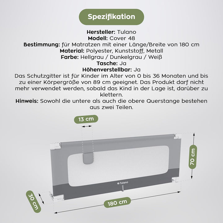 TULANO Cover 48 | Bettgitter 180 cm Bettschutzgitter Kinderbettgitter für Kinder | Klappbar | Geeign