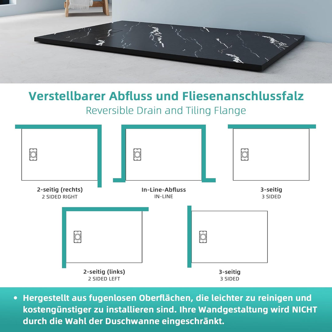 Duschwanne 140x90 cm SMC Flache Antirutsch Schieferoptik Duschtasse, 26mm Zuschneidbare Brausewanne