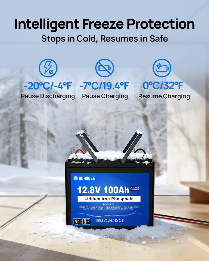 DCHOUSE 12V 100Ah LiFePO4 Batterie mit 10A Batterie Ladegeräte, Verbessertes 100A BMS, Bis zu 15000