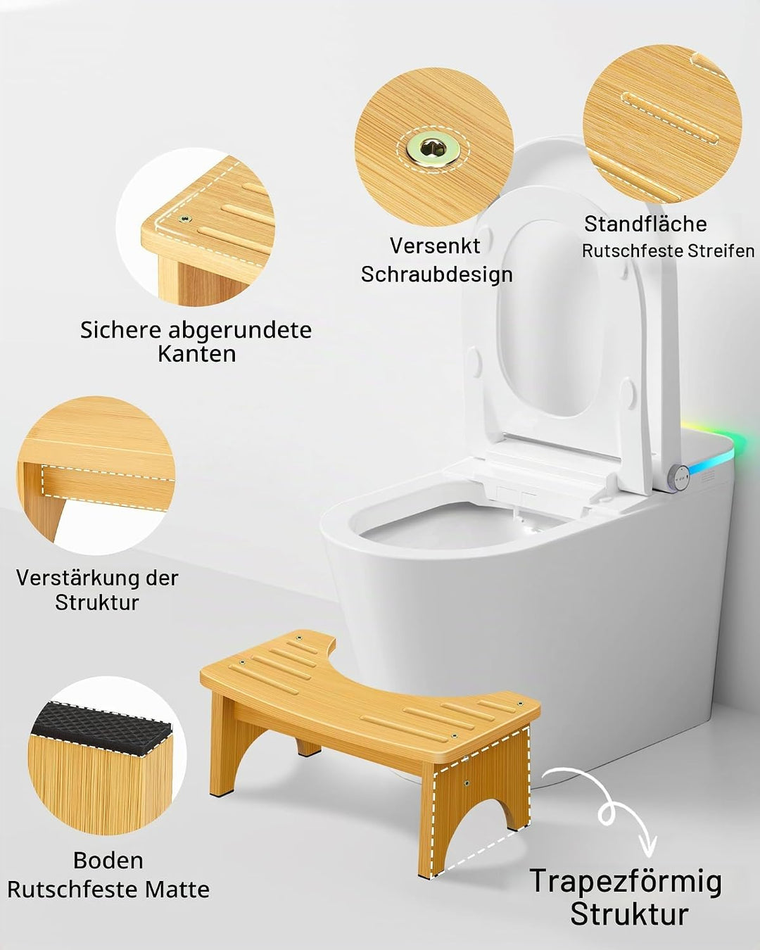RayLove Physiologischer Toilettenhocker aus Bambus – WC-Trittbrett aus Holz – 35 Grad strapazierfähi