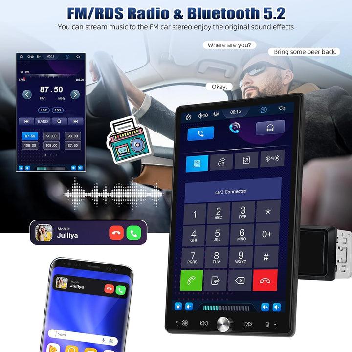 CAMECHO Autoradio 1 Din 10.4 Zoll Wireless Carplay Android Auto Radio mit Bildschirm Bluetooth Schüt
