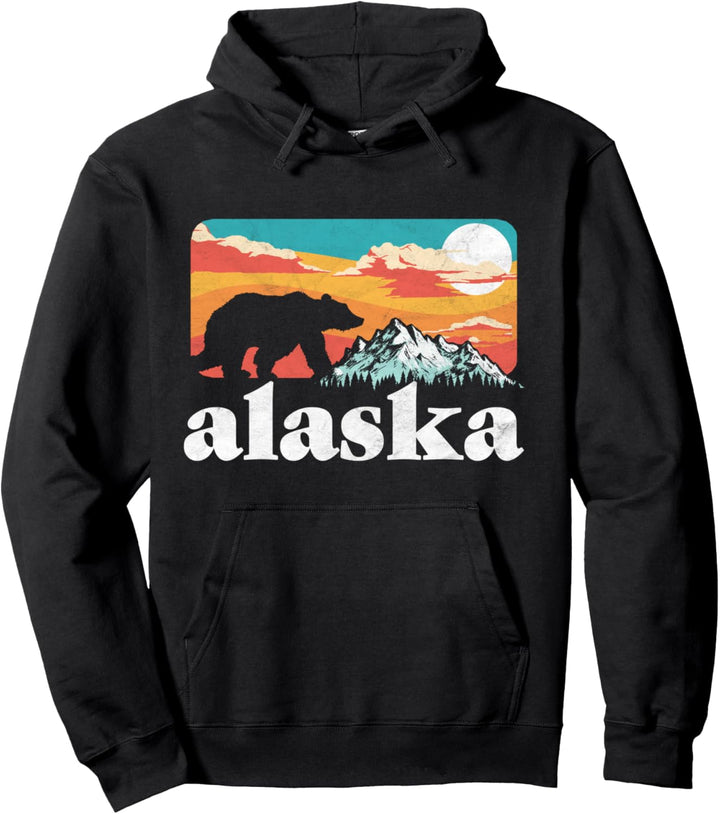 Alaska Retro Bear & Rocky Mountain Vintage 80s Graphic Pullover Hoodie