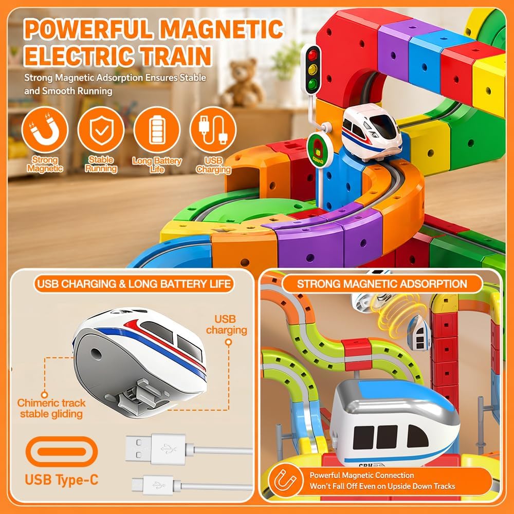 Cube Track, 81 Stück DIY Clickrail Electric Train Set, Magnitrack mit Schwerkraftdefying 3D-Layouts,