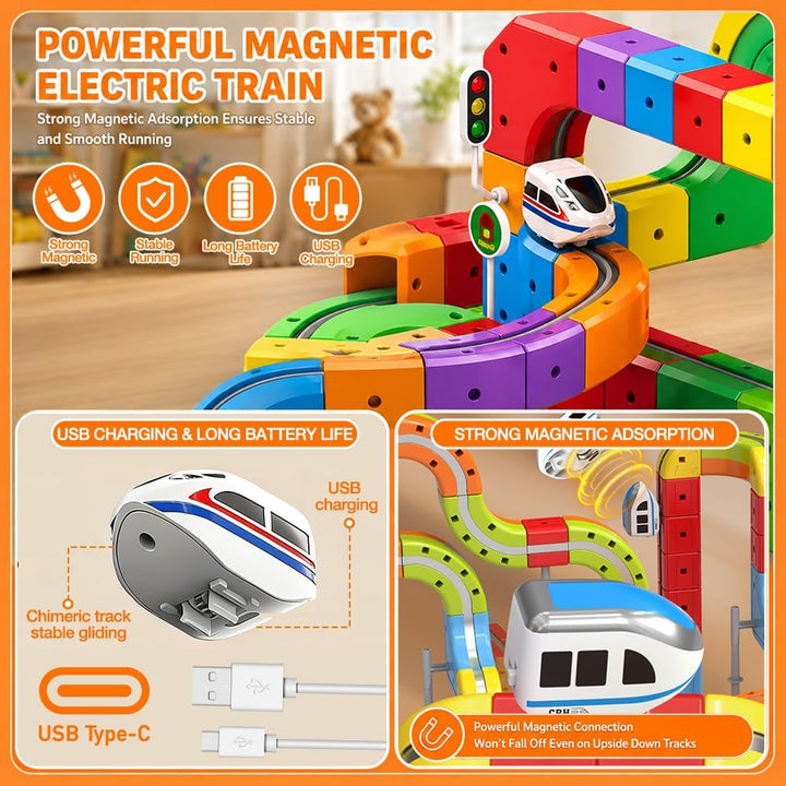 Cube Track, 81 Stück DIY Clickrail Electric Train Set, Magnitrack mit Schwerkraftdefying 3D-Layouts,