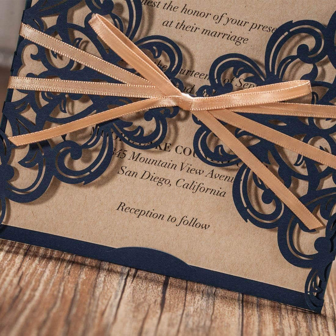 50X Einladungskarten Für Hochzeit Geburtstag Taufe Party Graduierung Quinceanera Navy Blau Borte Las