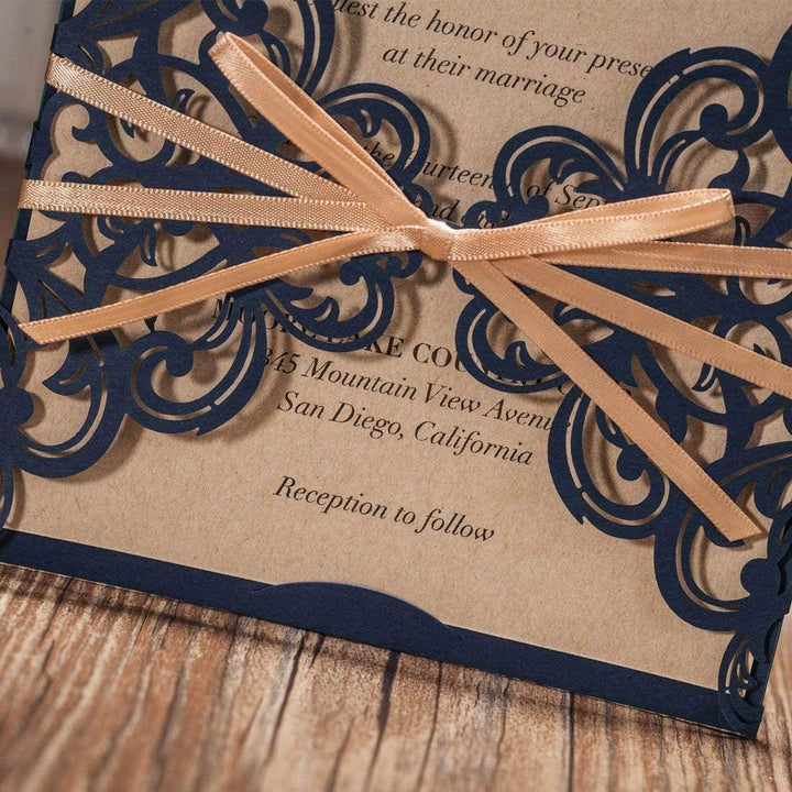 50X Einladungskarten Für Hochzeit Geburtstag Taufe Party Graduierung Quinceanera Navy Blau Borte Las