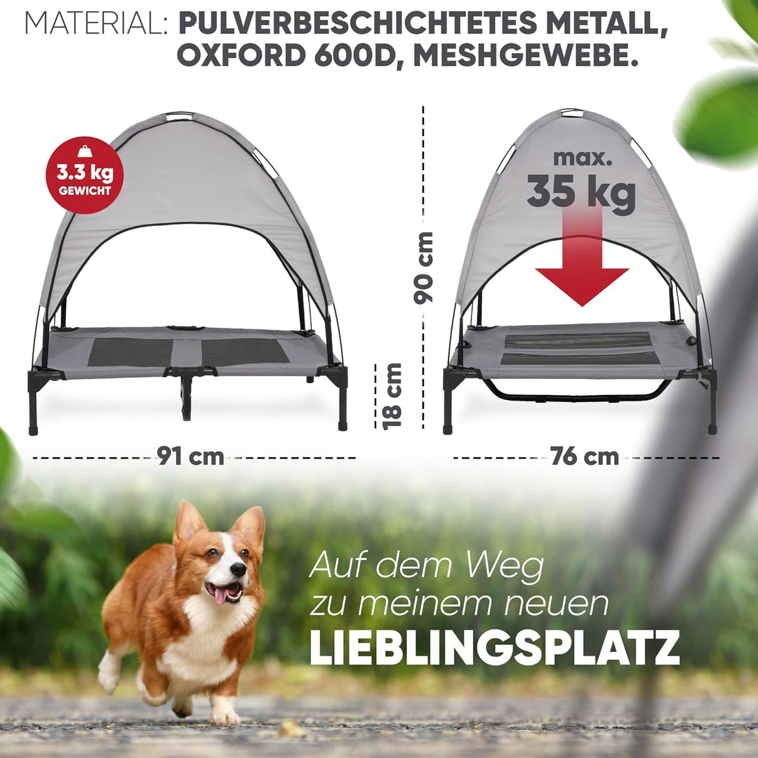 DEULINE Hundeliege mit Dach erhöhtes Hundebett Garten Outdoor Haustierliege L-91x76x18/90cm GRAU 520