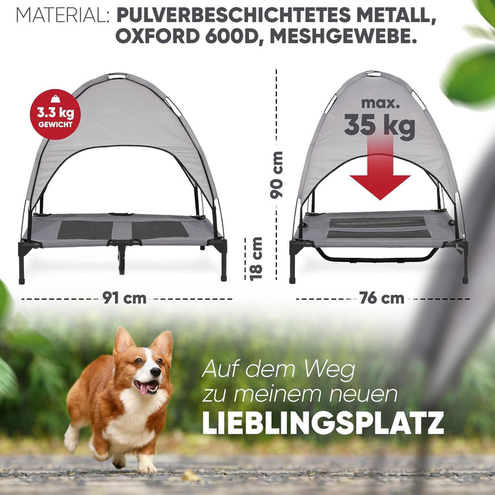 DEULINE Hundeliege mit Dach erhöhtes Hundebett Garten Outdoor Haustierliege L-91x76x18/90cm GRAU 520