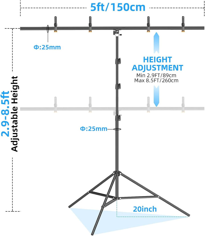 EMART T Form Hintergrund Ständer Hintergrundsystem, 1,5mx2,6m Fotohintergrund Ständer mit 4 Federcli