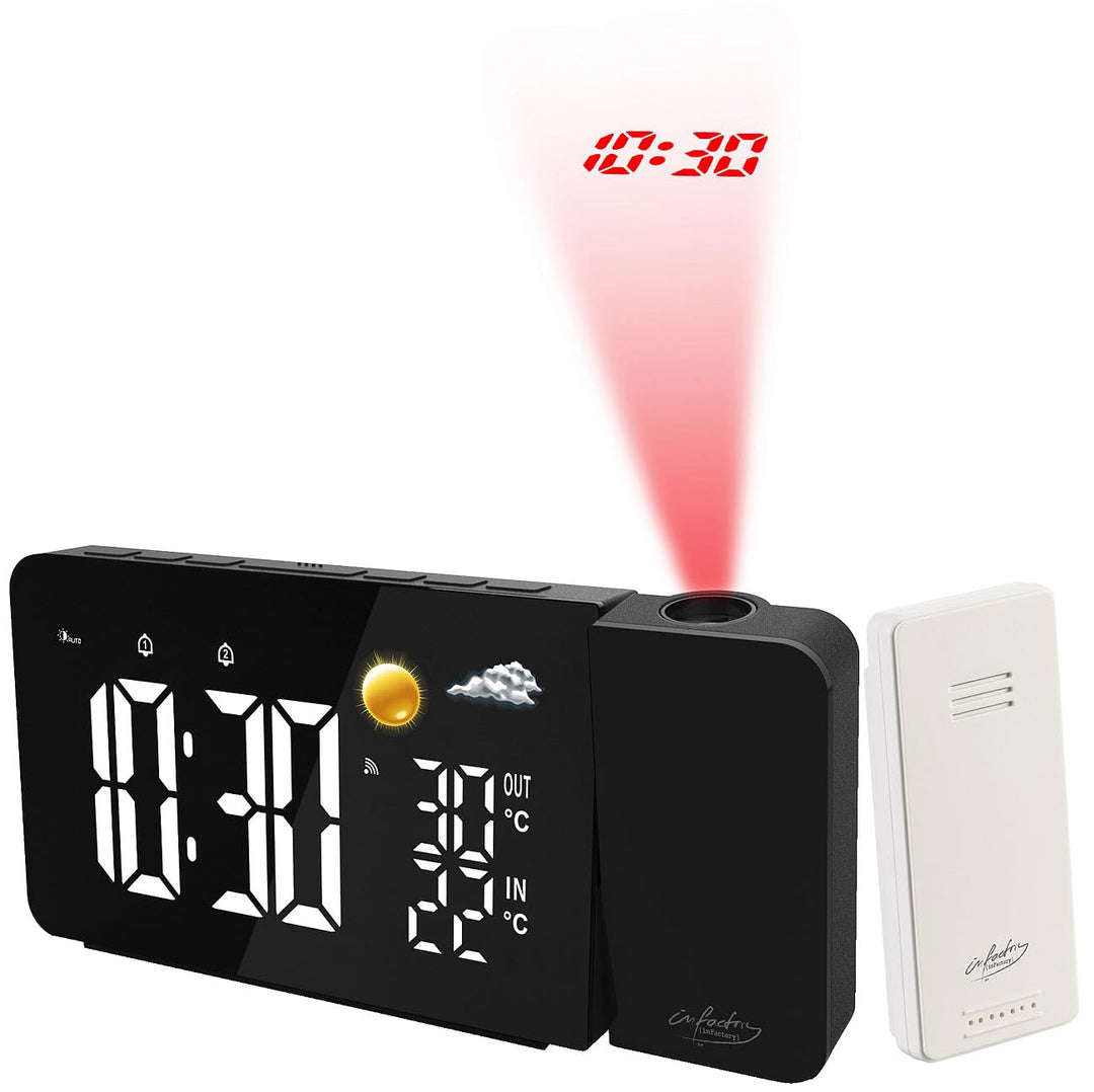 infactory Uhr Projektor: Funk-Wetterstation mit Projektionswecker, Aussensensor, USB, schwarz (Duala