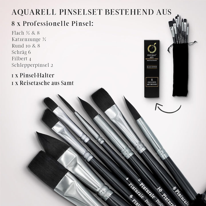 Pinturale Aquarellpinsel Set für Profis | Black Series | 8er Aquarell Pinselset | Hohe Absorption un