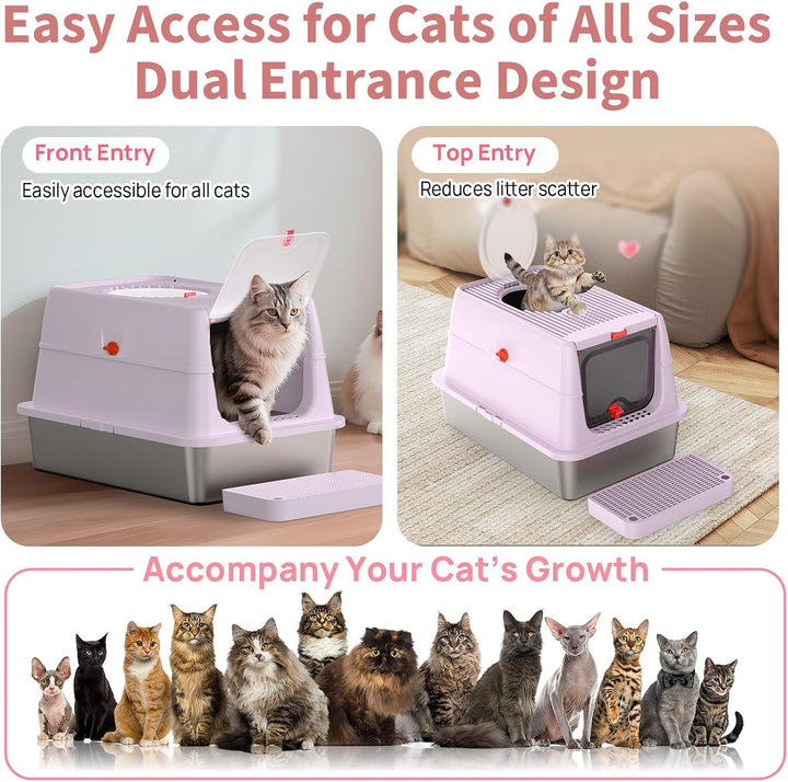 XXL Katzentoilette Edelstahl (V2A) - 3-in-1 Geschlossenes Katzenklo mit 160° Klappdeckel & Geruchsfi