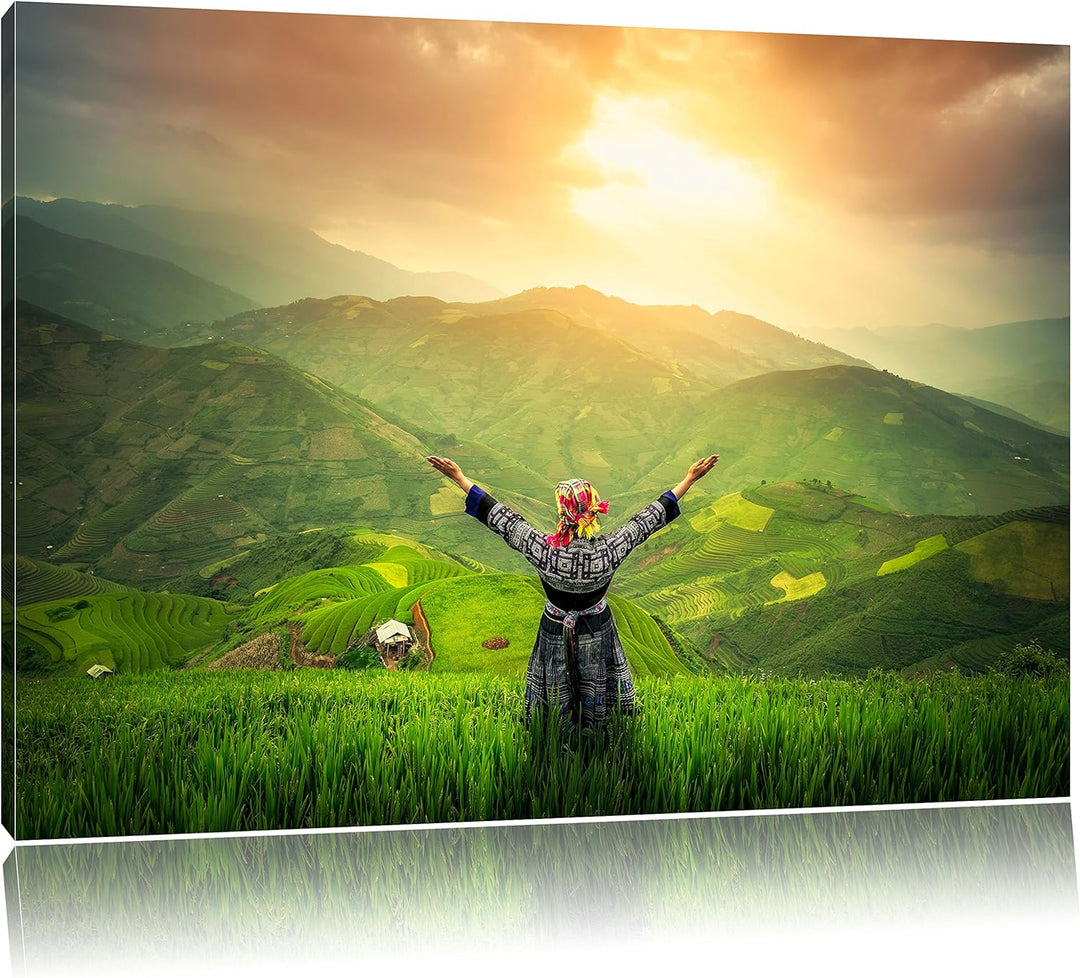 Pixxprint asiatische Berg Farm als Leinwandbild/Grösse: 100x70 cm/Wandbild/Kunstdruck/fertig bespann