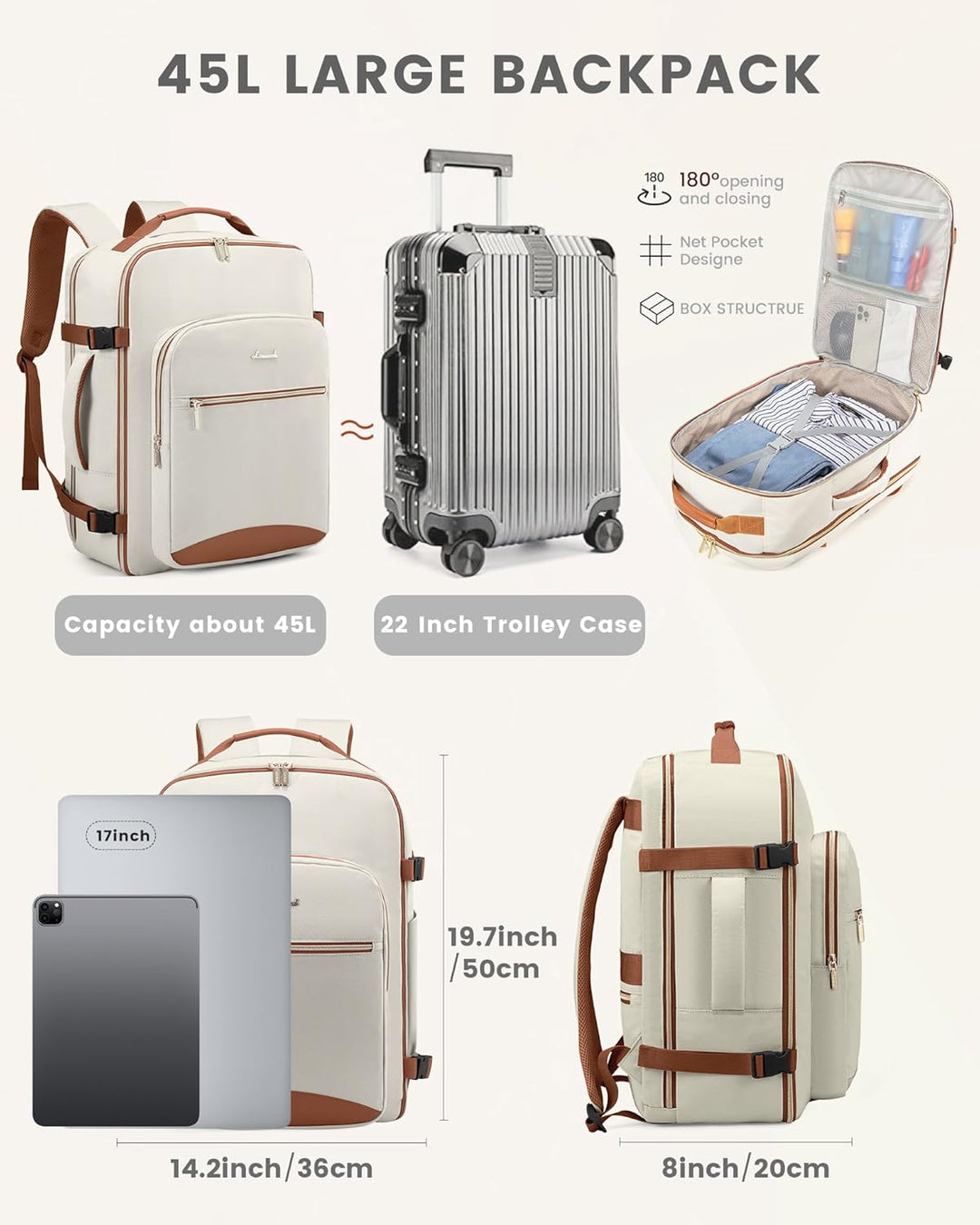 LOVEVOOK Handgepäck Rucksack, 40L Gross Reiserucksack Damen Flugzeug Koffer Travel Backpack, Wasserd