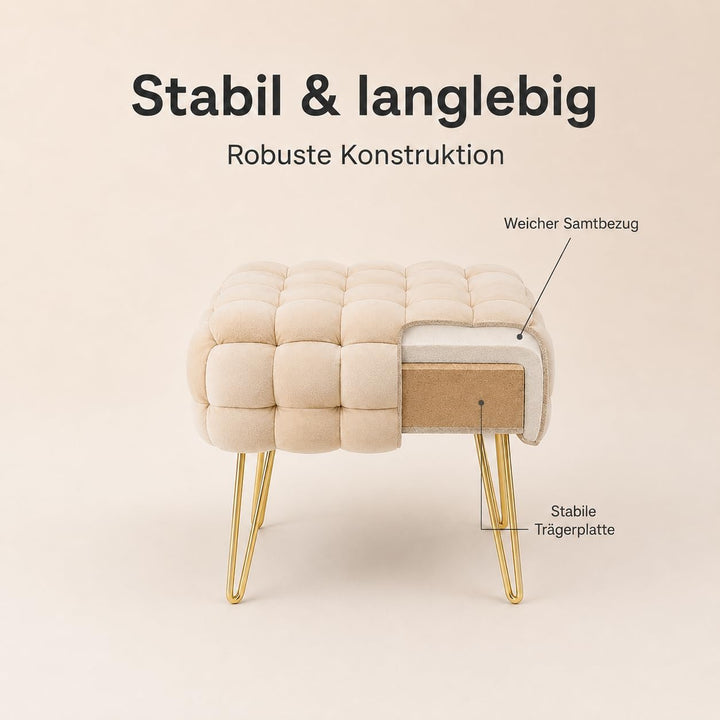 Zedelmaier Moderner Velvet Kosmetik Hocker, Quadratisch Ottoman-Fusshockermit goldfarbenen Metallbei