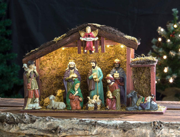 PEARL Weihnachtsdekoration: Grosse Weihnachtskrippe mit 11 Porzellan-Figuren, LED-Beleuchtung (Weihn