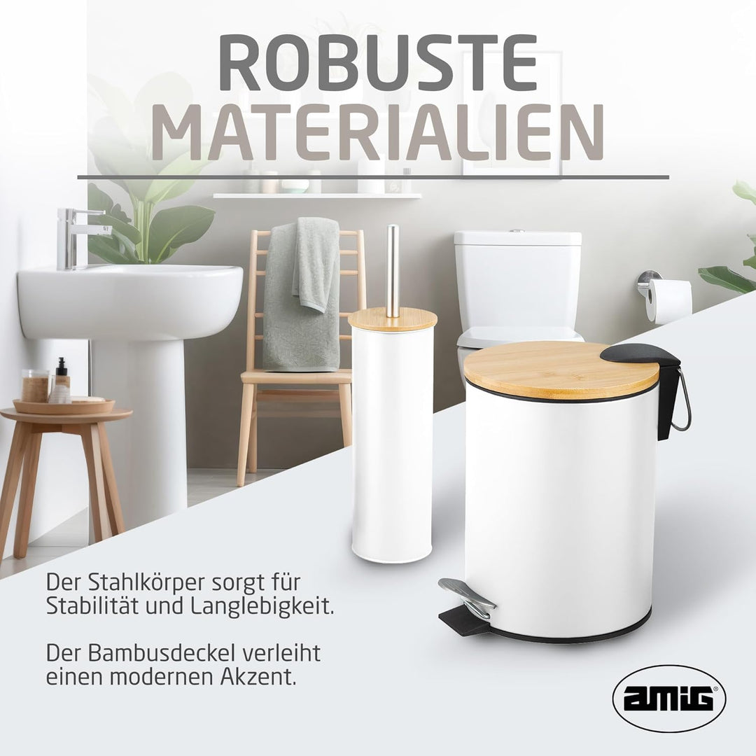 Amig - Set aus Mülleimer und WC-Bürstenhalter Naturline - Ø168 x 230 mm - Edelstahl und Bambus - Far