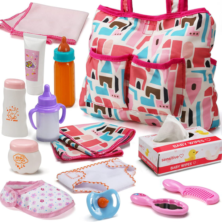 13-Teile Puppenzubehör, Fütter & Pflege Set Mit Windeltasche, Puppenwindel, Magischen Fläschchen, Wi