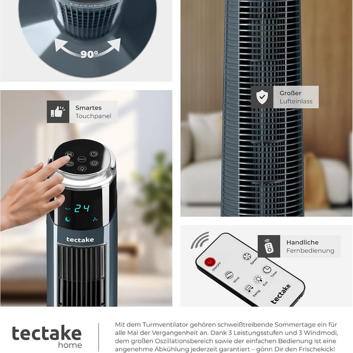 TecTake® Turmventilator, 93 cm, extrem leise, energiesparend, 90° Schwenkfunktion, 3 Modi, 3 Stufen,