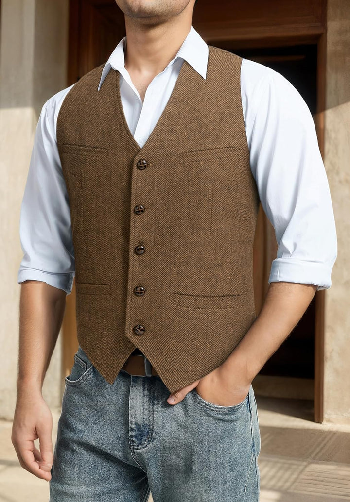 Herren Anzugweste Herringbone Weste Hochzeit Herrenweste Formale Tweed Wollweste Classic Basic Weste