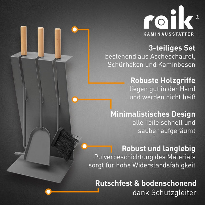 raik R1007 Raik Kaminbesteck Gustav, 3-teilig, Anthrazit, Holzgriffe,