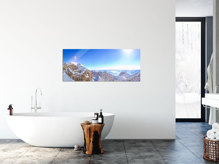 Glasbild Panorama | Wandbild aus Echtglas | Zugspitze im Sonnenlicht | 100x40 cm | inkl. Aufhängung